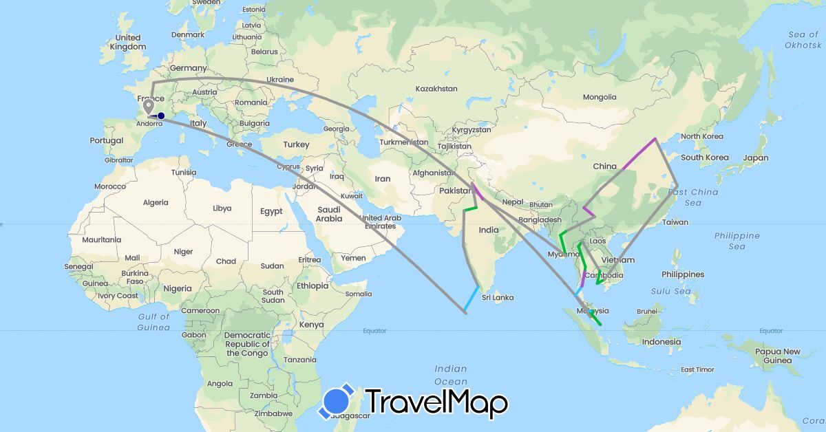 TravelMap itinerary: driving, bus, plane, train, boat in China, France, India, Cambodia, Myanmar (Burma), Maldives, Malaysia, Singapore, Thailand (Asia, Europe)