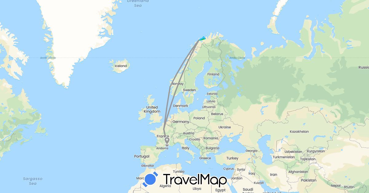 TravelMap itinerary: driving, bus, plane, boat in France, Norway (Europe)
