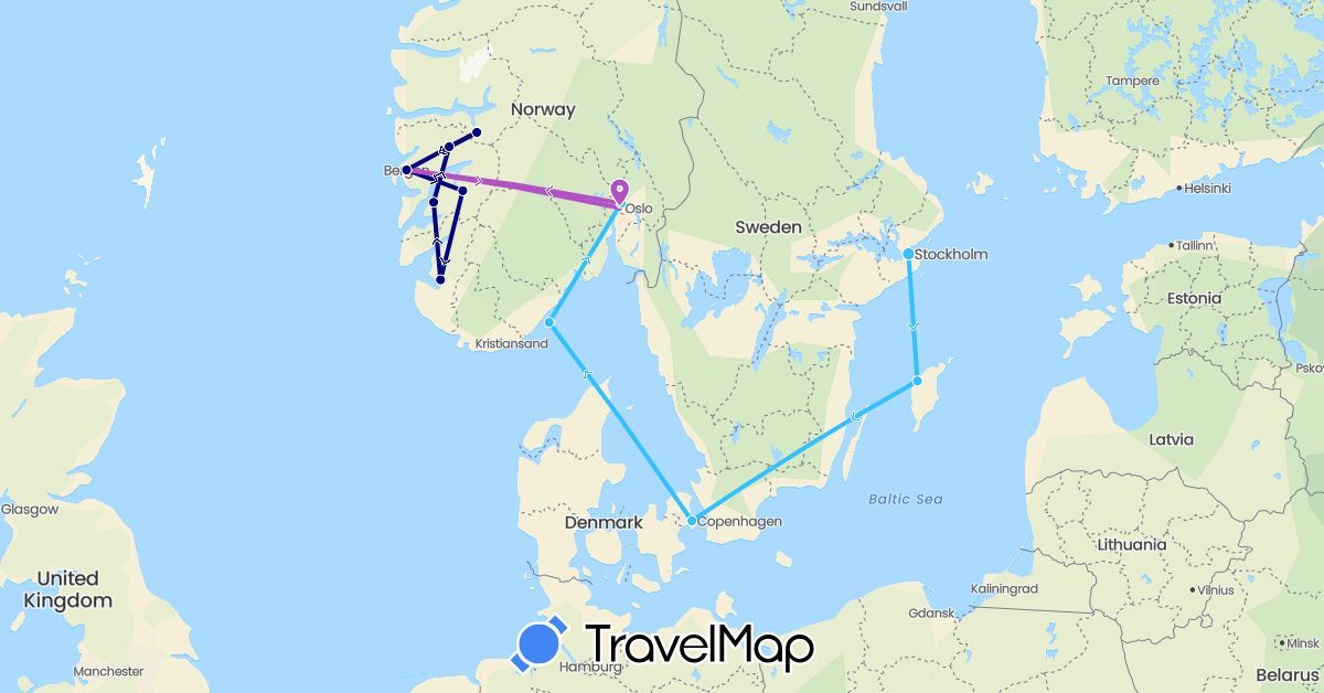 TravelMap itinerary: driving, train, boat in Denmark, Norway, Sweden (Europe)