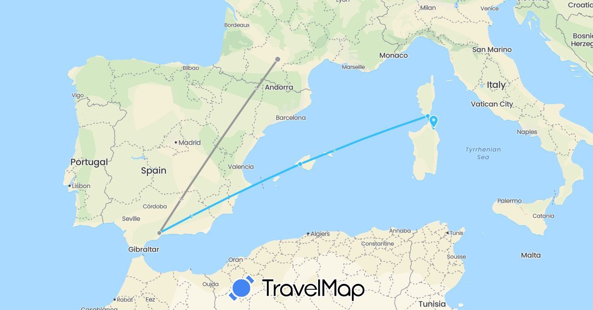 TravelMap itinerary: driving, plane, boat in Spain, France, Italy (Europe)