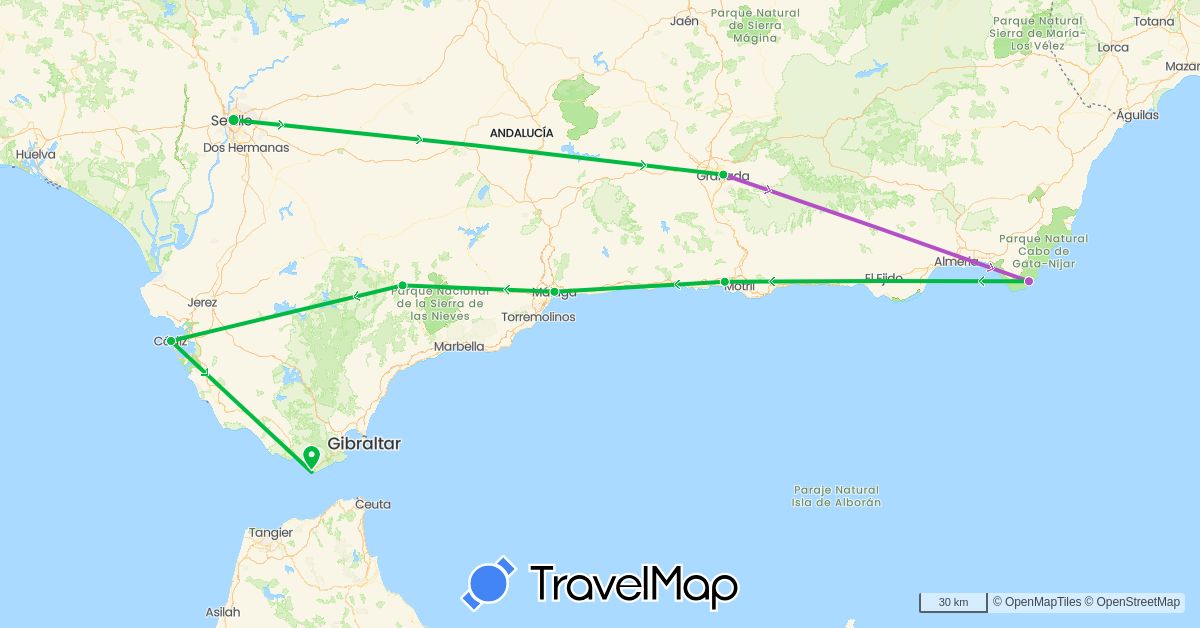 TravelMap itinerary: driving, bus, train in Spain (Europe)