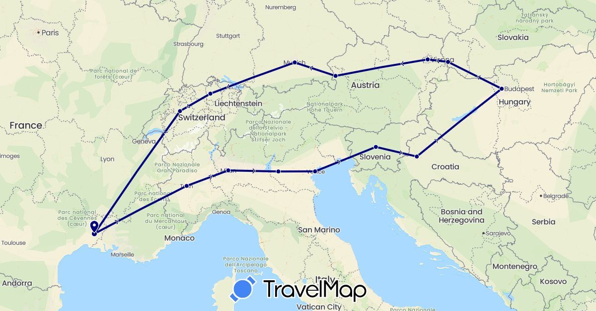 TravelMap itinerary: driving in Austria, Switzerland, Germany, France, Croatia, Hungary, Italy, Slovenia, Slovakia (Europe)