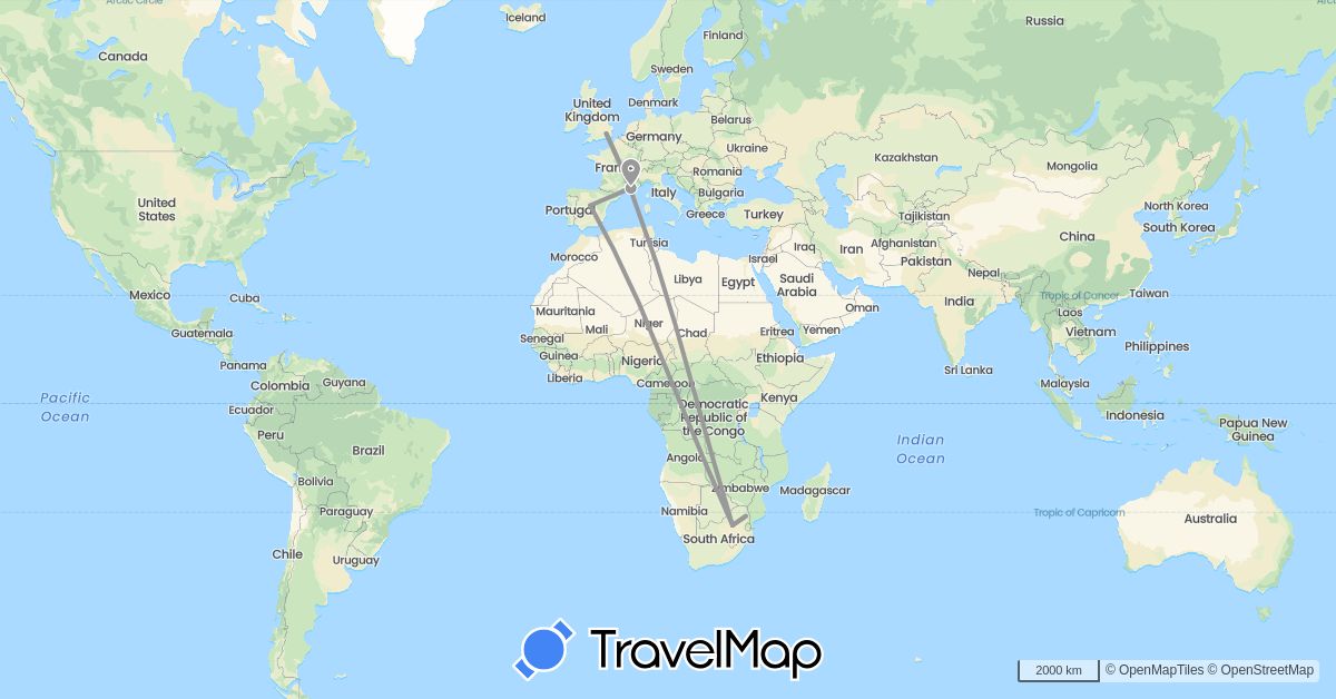 TravelMap itinerary: driving, plane in Spain, France, United Kingdom, South Africa (Africa, Europe)